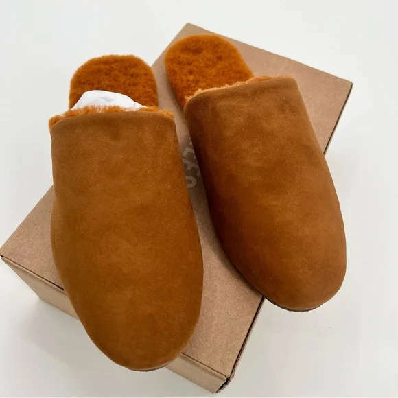 NWT TKEES Ines Shearling Camel Sandal Flats US 9 EU 40 Loafers Suede Mules Tan - Picture 4 of 10